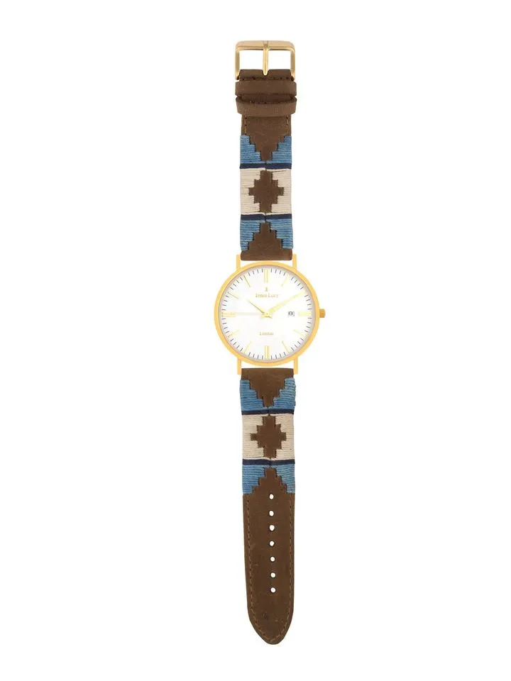 Delivered: Gold watch, woven strap. The case and the strap photographed on their own, then put together as one watch on white.